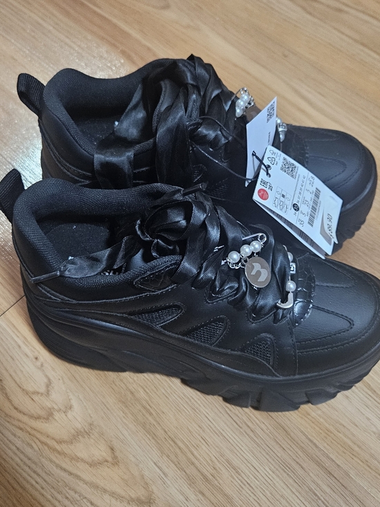 Bershka Shoes - Bershka Black Satin-Lace Platform Sneakers